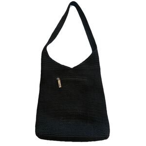 The Sak Indio Crochet Hobo Black Shoulder Bag Zipper Pockets Crossbody Purse